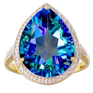 Neptune Blue Topaz & goldtone halo pear cut ring